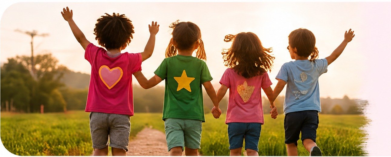 Children walking together in a field at sunset