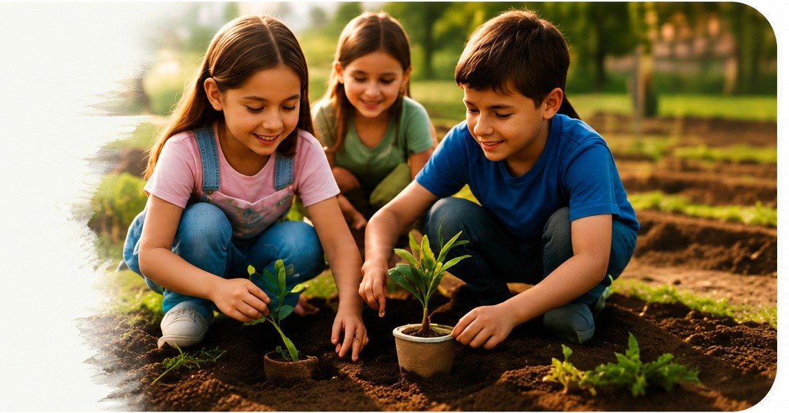 Children planting together in a garden