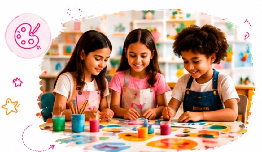 Three children smiling while painting together at a table