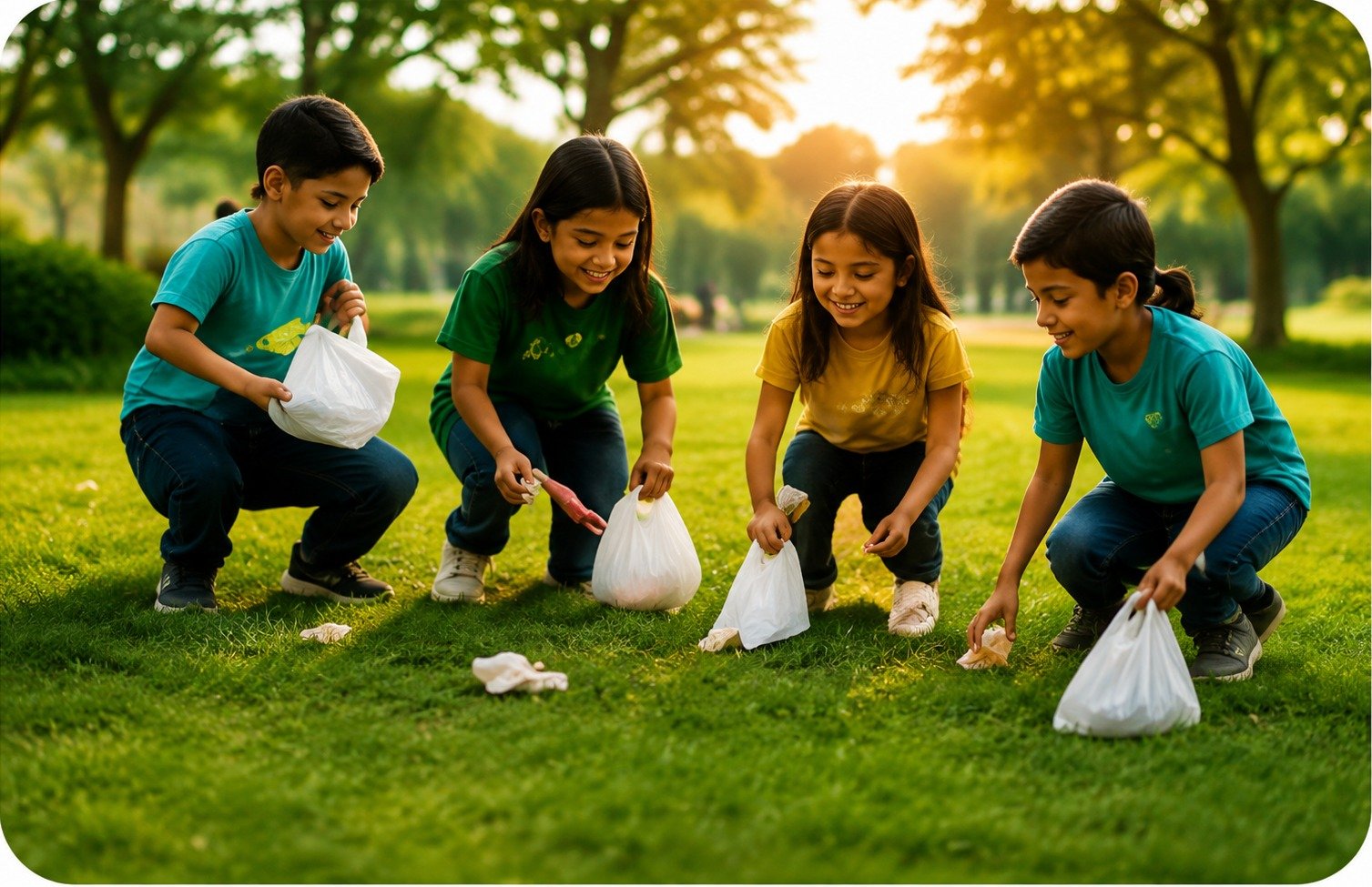 Children working together on a community cleanup project