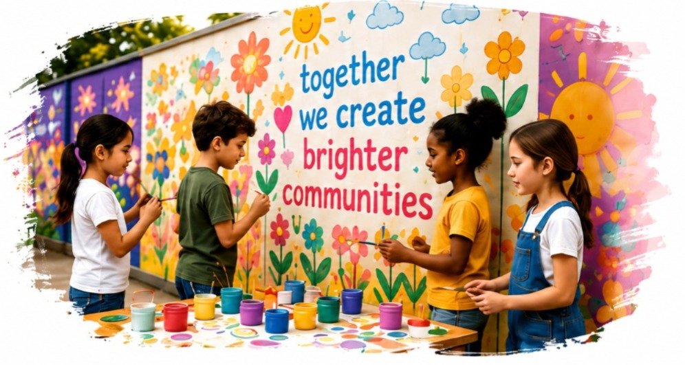 Children painting a mural that reads together we create brighter communities