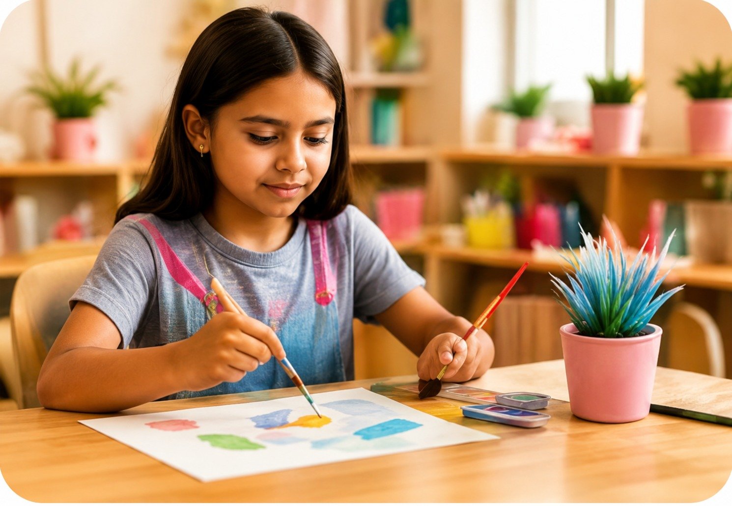 A young girl painting with watercolors