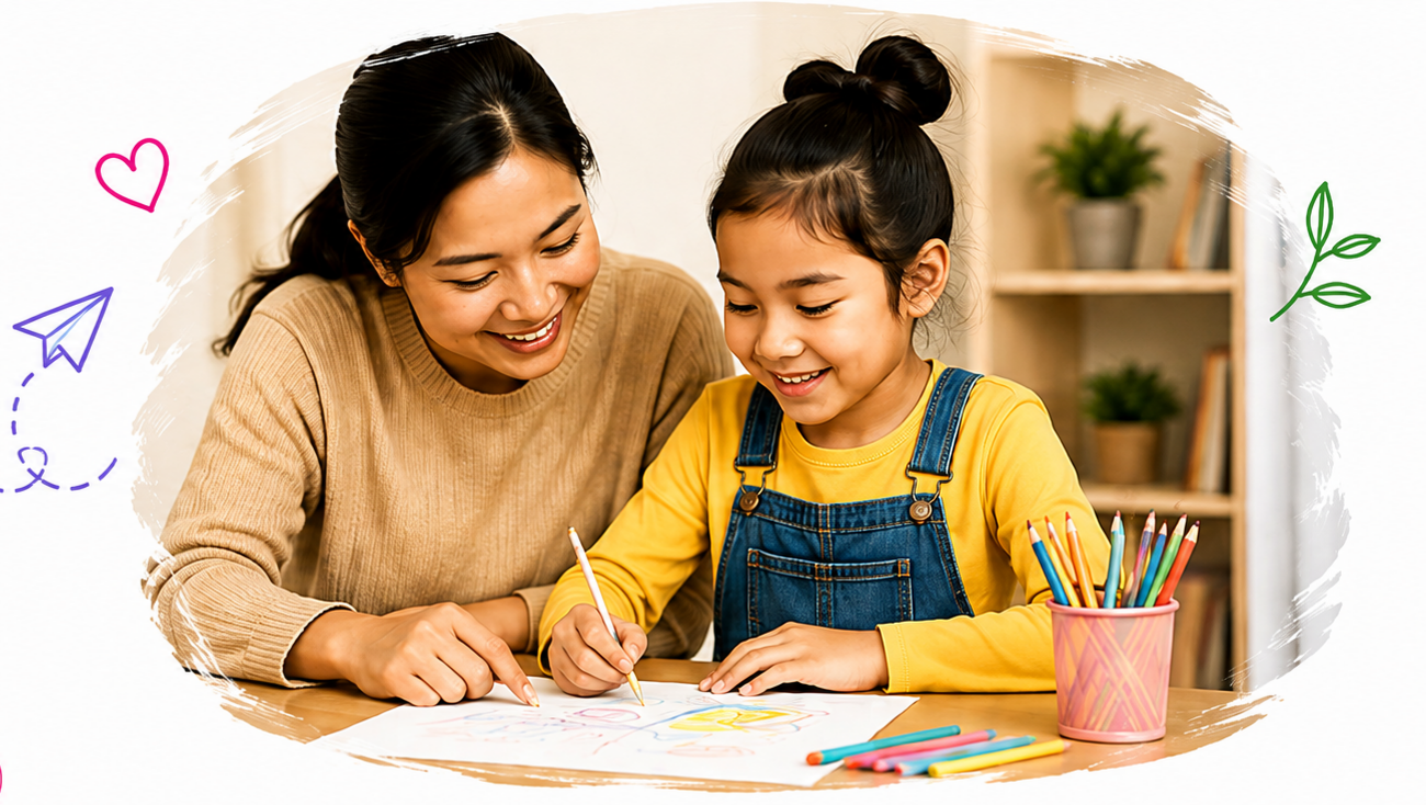 A mother and daughter drawing together at a table with colored pencils