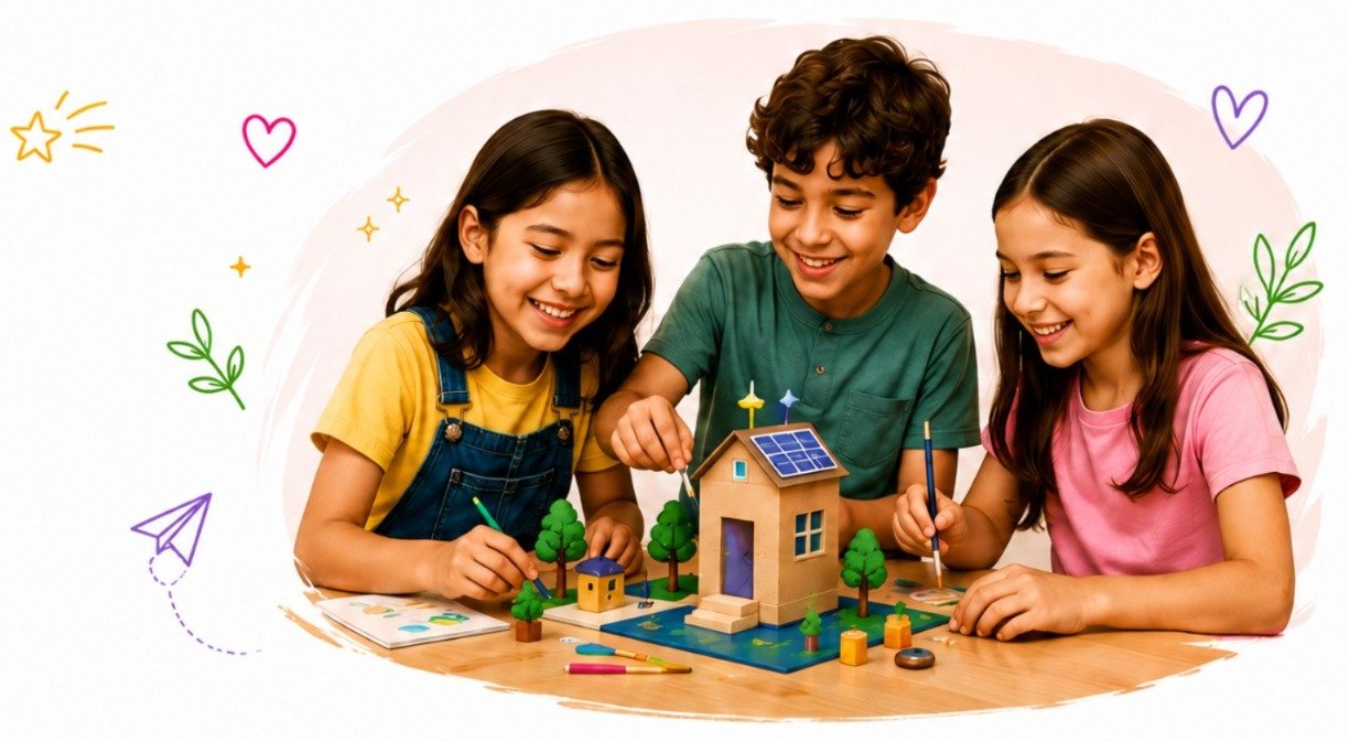 Children collaborating on a creative project together
