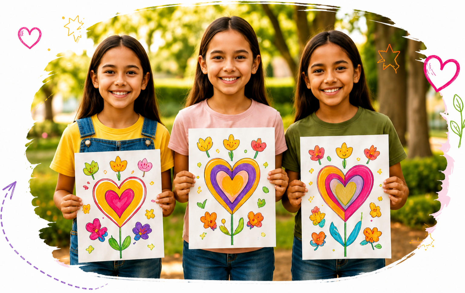 Three Bright Dreamers holding colorful heart flower drawings in a sunny park