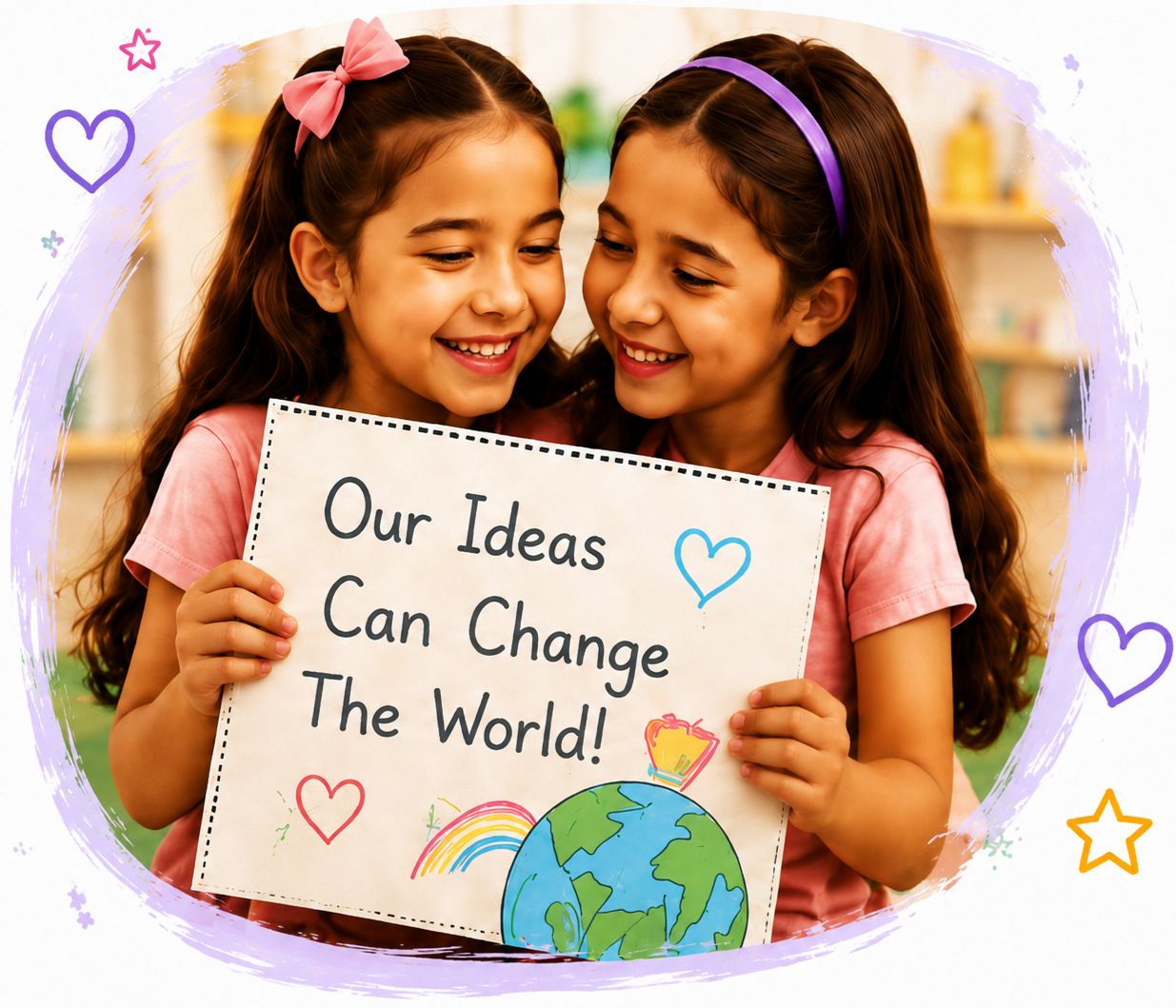 Two Bright Dreamers holding a sign that reads Our Ideas Can Change The World