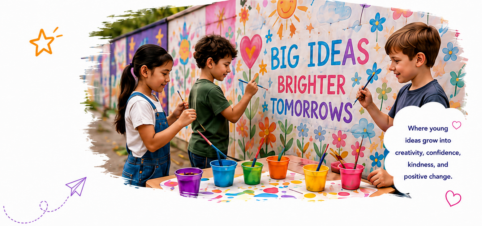 Children painting a mural with the words Big Ideas Brighter Tomorrows