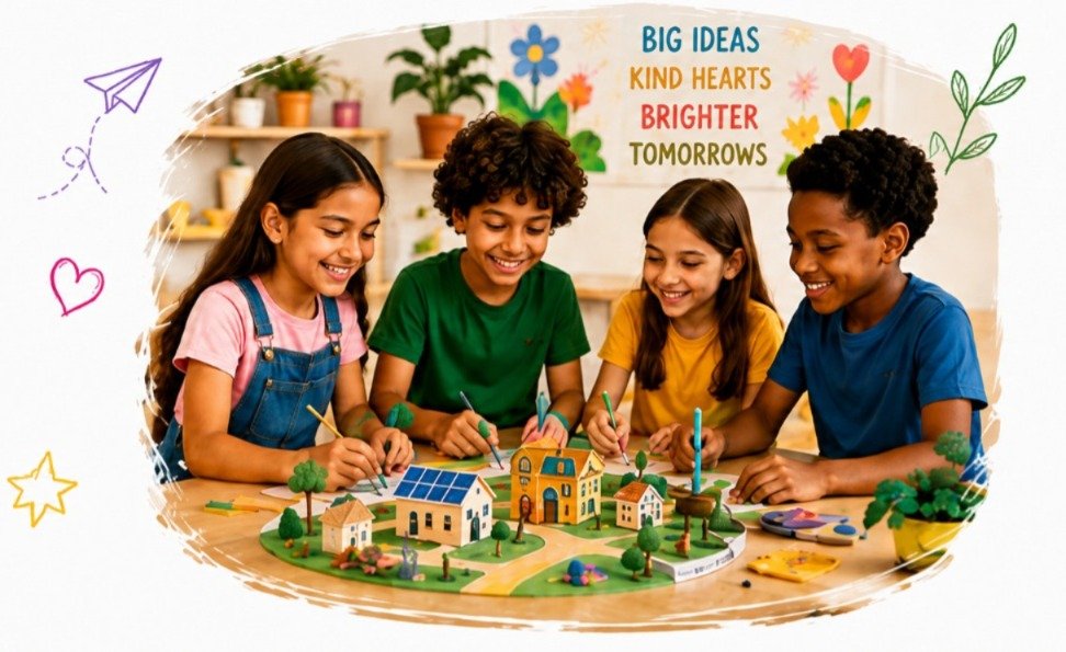 Children collaborating on a model village with the words Big Ideas Kind Hearts Brighter Tomorrows