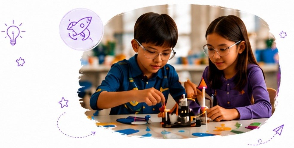 Two children working together on a science and engineering project